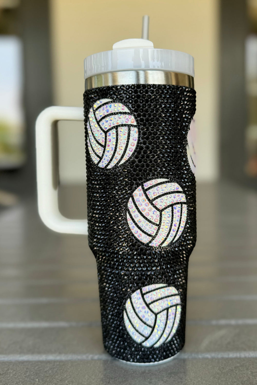 White 40 Oz Rhinestone Volleyball Tumbler with Handle