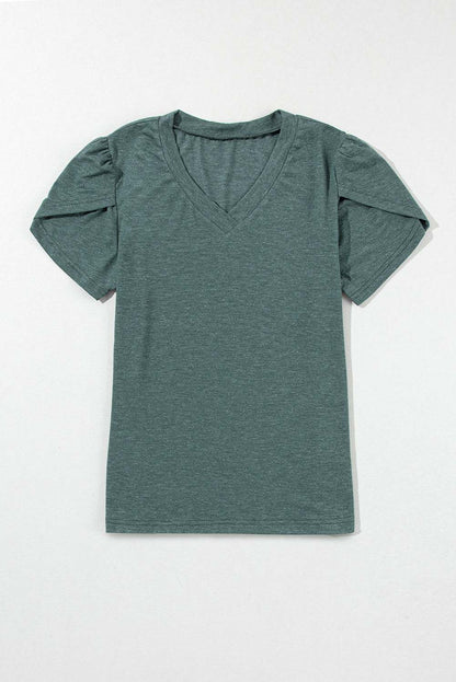 White background Mist Green Petal Sleeve V-Neck T-Shirt Front 