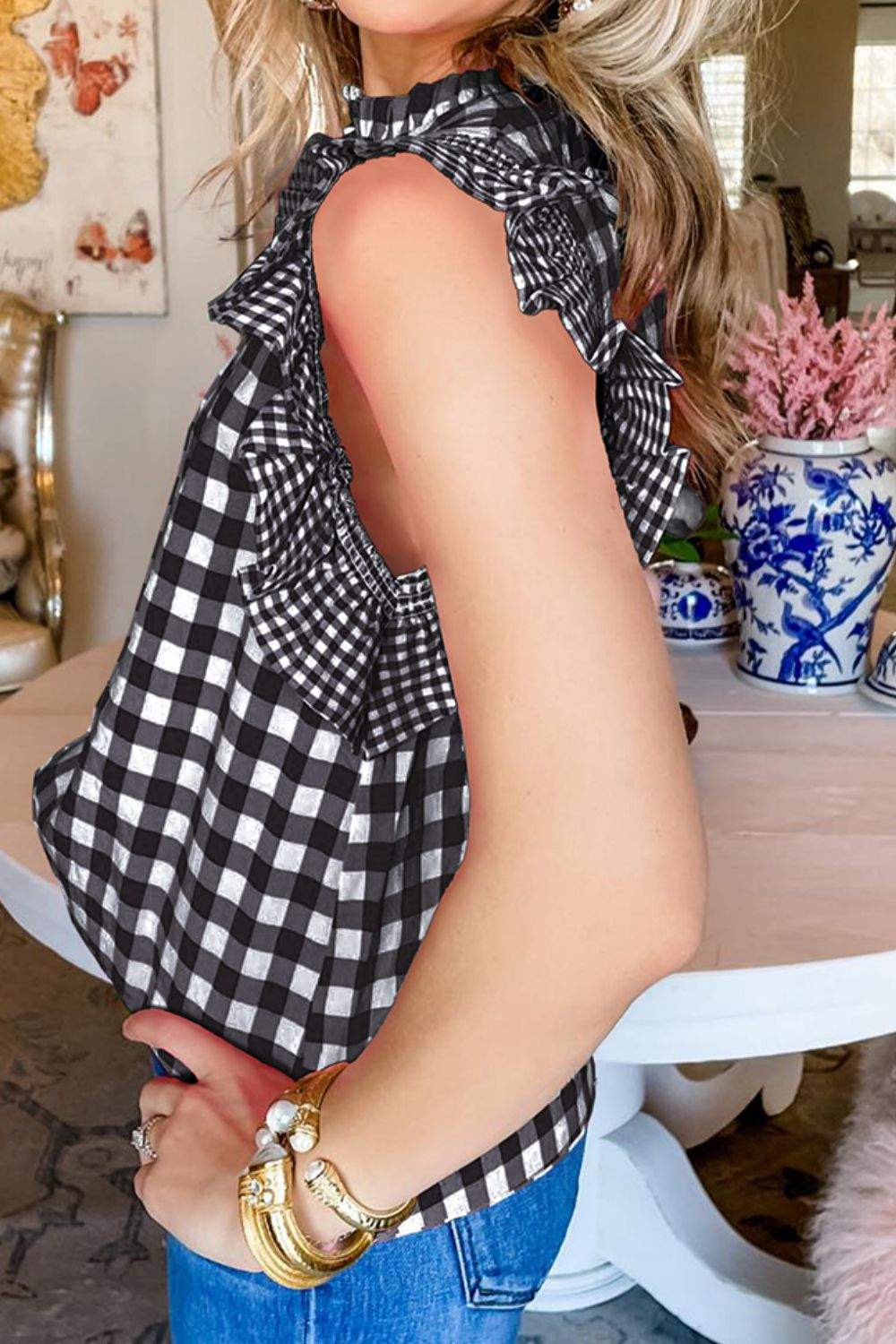 Checkered Ruffled Sleeve Side Black