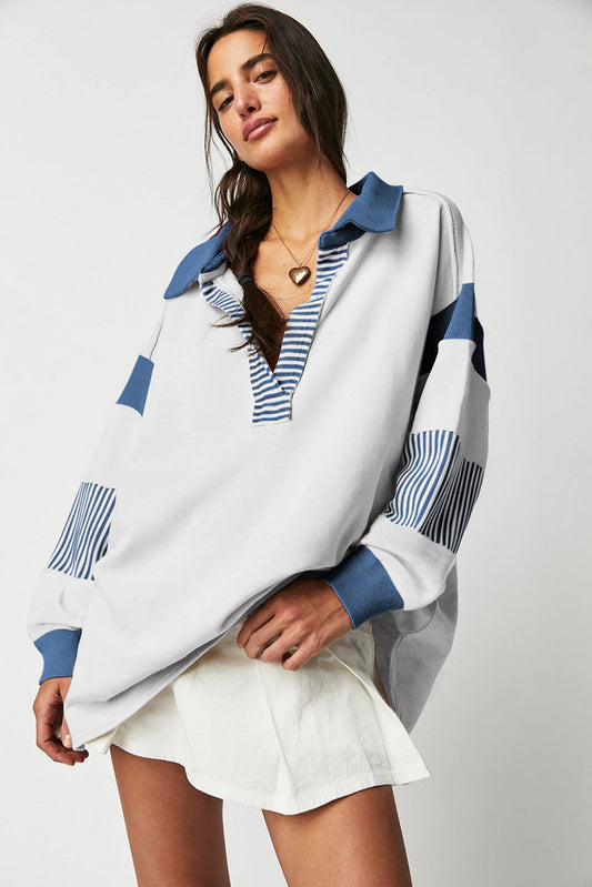 Sweat-shirt à col patchwork à rayures bleu foncé