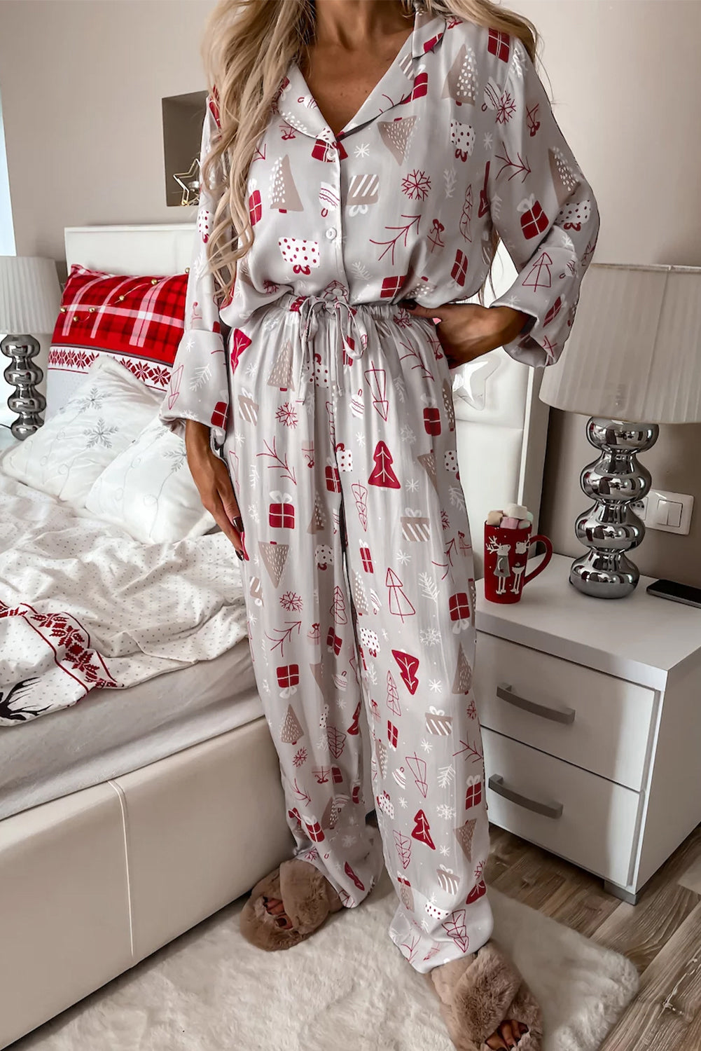 White Christmas Printed Shirt and Pants Pajama Set