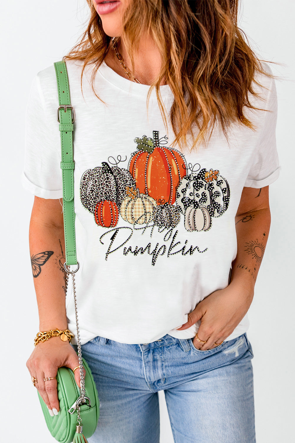 T-shirt de Thanksgiving à imprimé citrouille et strass blanc