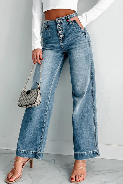 Dusk Blue Multi Buttons Medium Wash Loose Leg Jeans with unique button design.