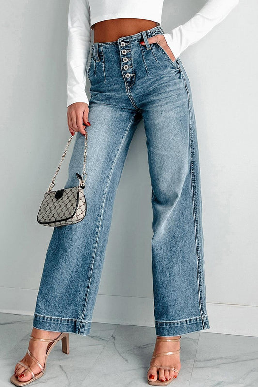 Dusk Blue Multi Buttons Medium Wash Loose Leg Jeans with unique button design.