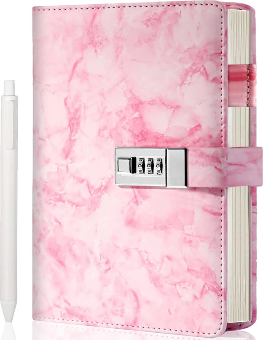 A5 Pink Marble Diary with Lock for Girls and Women, Notebook with Pen,Password Locked Journal for Girls 8-12 Gifts