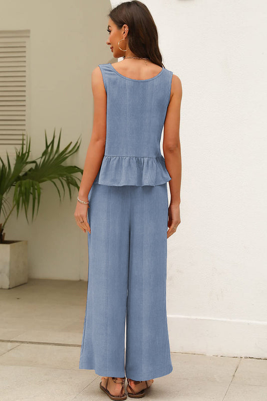 Ensemble débardeur et pantalon côtelés à volants de couleur unie bleu Beau