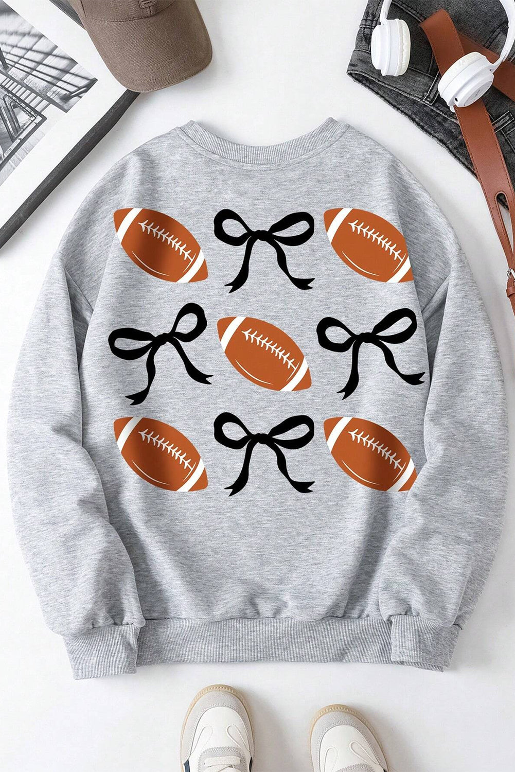 Gray Rugby Football Bow Knot Print Crewneck Sweatshirt