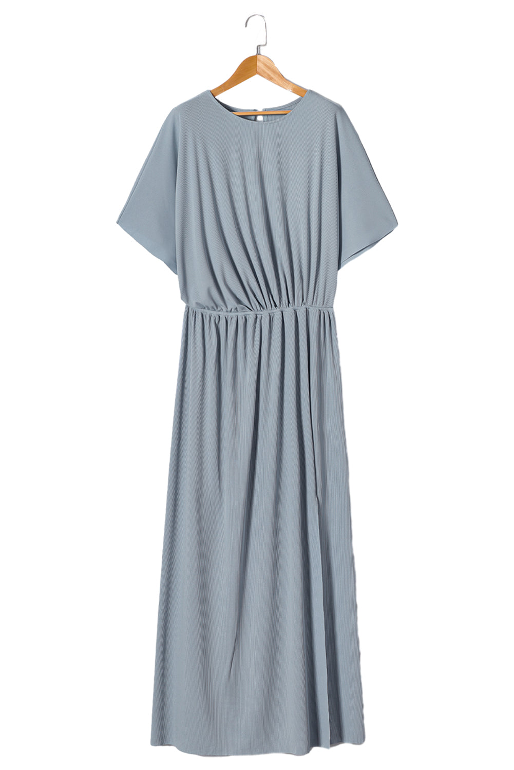 Sky Blue Plus Size Short Sleeves Rib Knit Maxi Dress with Slit