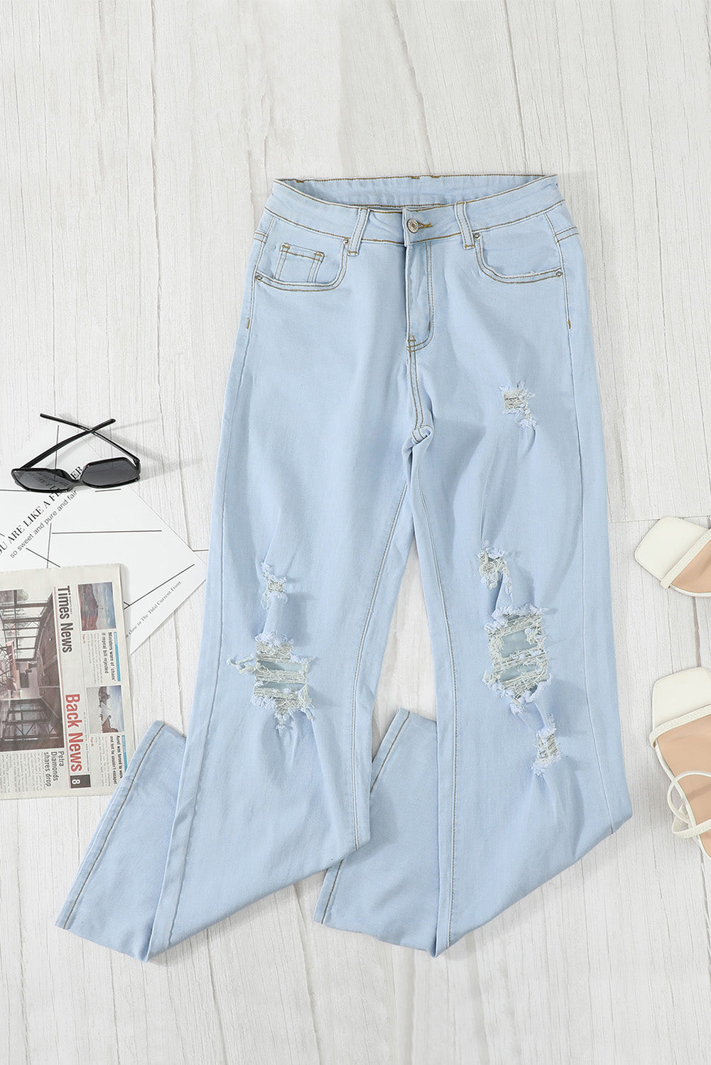 Sky Blue Washed Ripped Knee Wide Legs Jeans