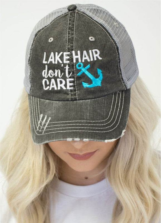 Lake Hair Don’t Care Blue Anchor trucker hat styled on woman 