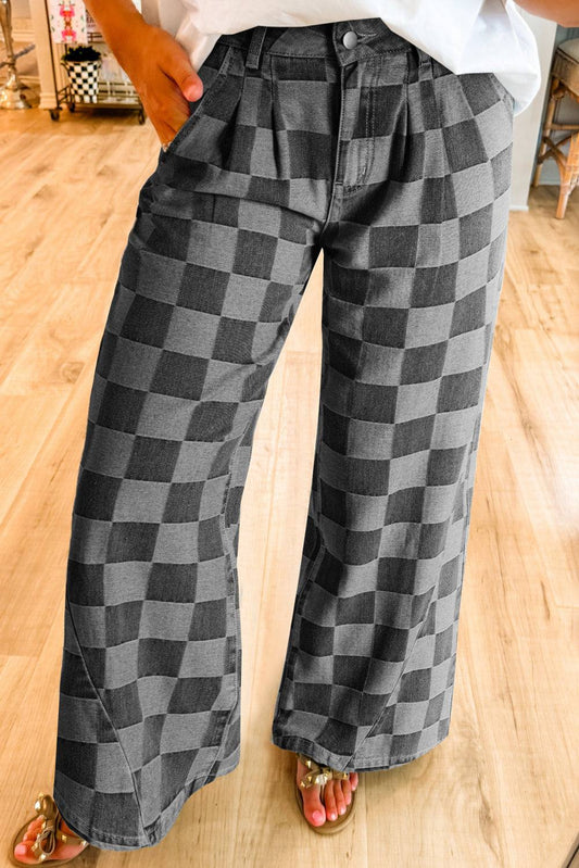 Dark grey checkered wide-leg denim jeans with a bold style and relaxed fit.