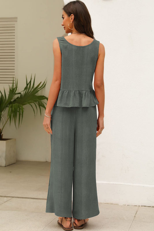 Ensemble débardeur et pantalon côtelés vert uni à volants
