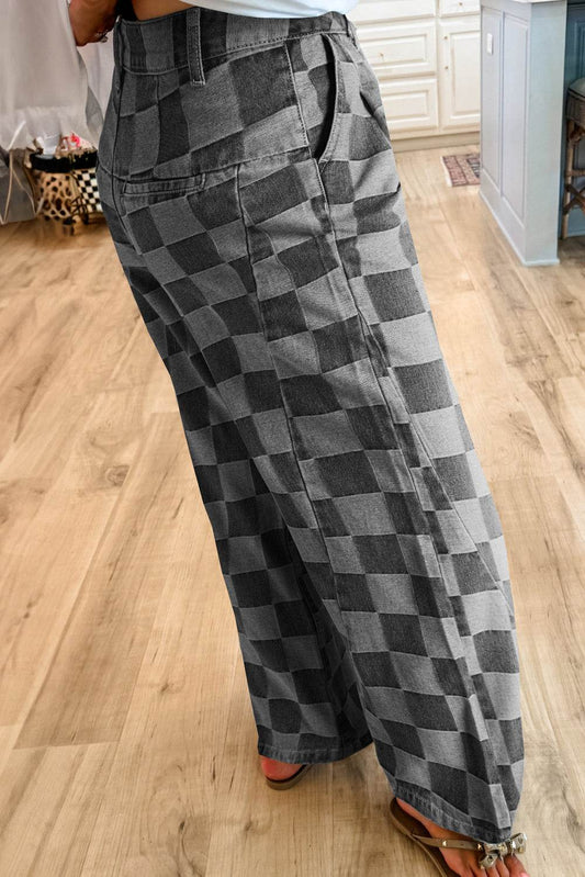 Dark grey checkered wide-leg denim jeans with bold style and relaxed fit.