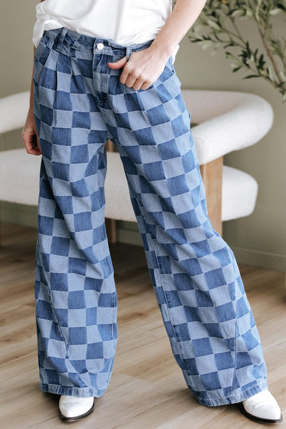 Dusk blue checkered denim wide leg jeans with pleated design.