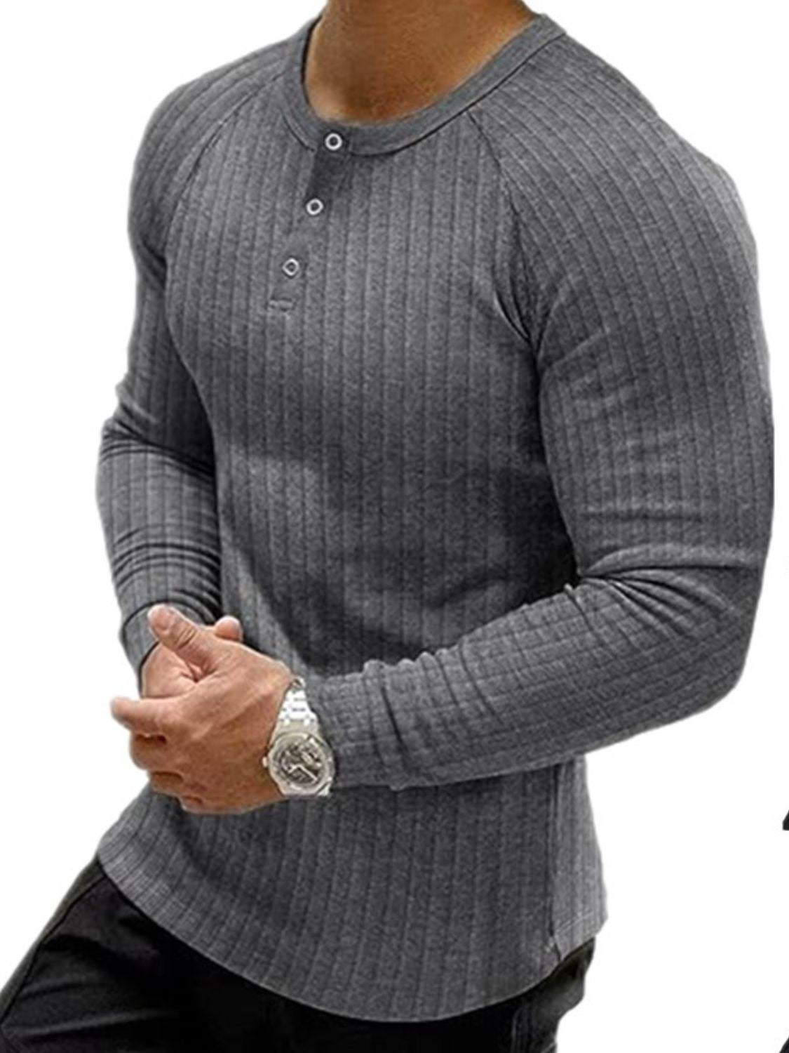 Mens Plus Size Ribbed Long Sleeve T-Shirt with Buttoned Neckline in gray.
