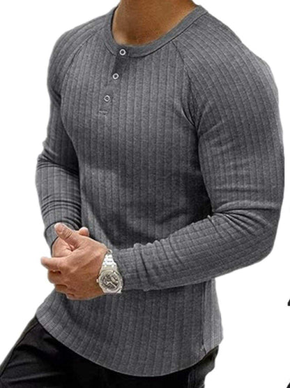 Mens Plus Size Ribbed Long Sleeve T-Shirt with Buttoned Neckline in gray.