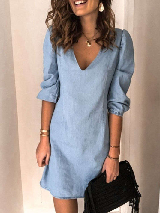 Full Size V-Neck Half Sleeve Dress in light blue, basic style, no stretch material.