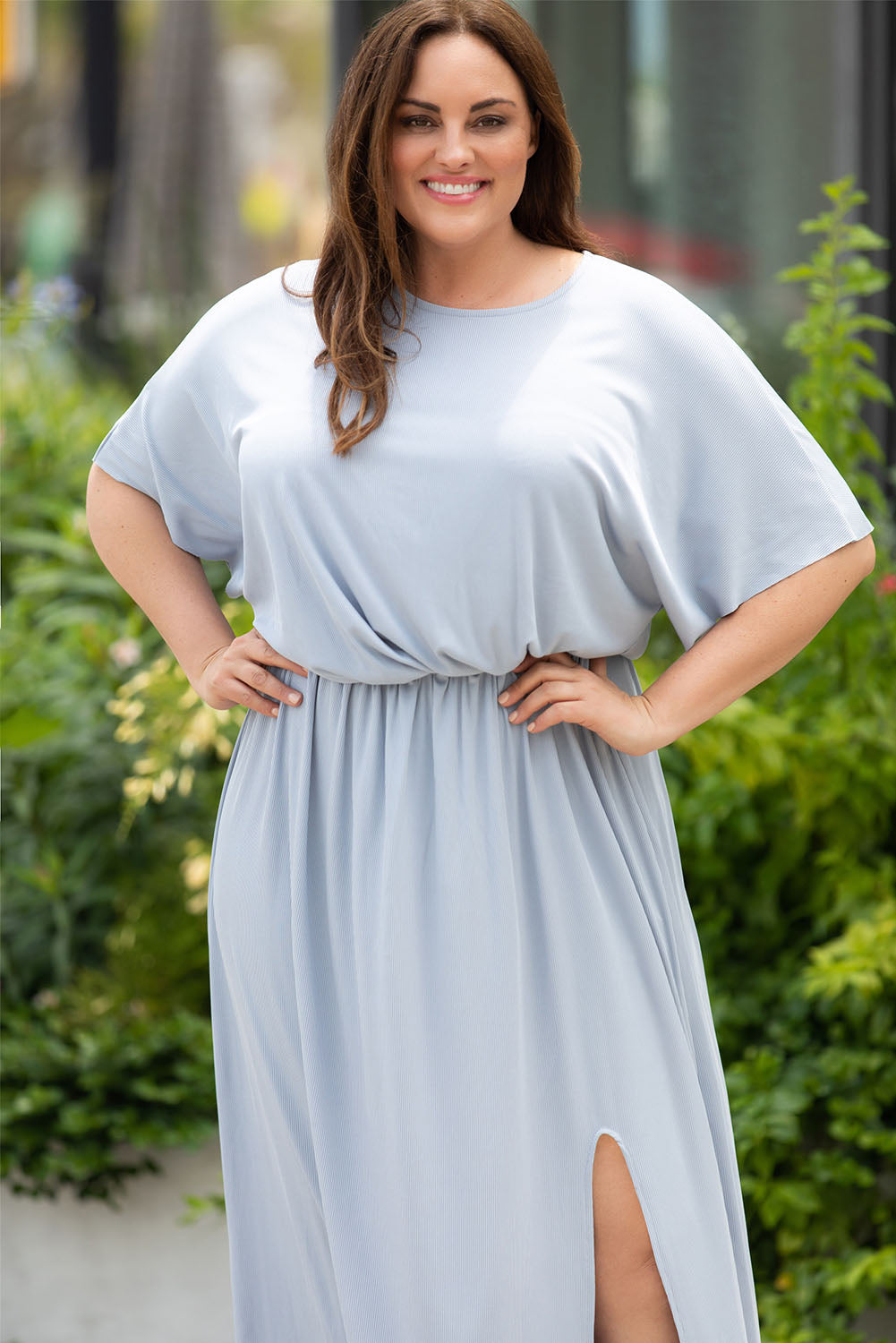 Sky Blue Plus Size Short Sleeves Rib Knit Maxi Dress with Slit