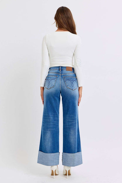 Judy Blue distressed high waist wide leg jeans, back view with a relaxed fit and stylish detailing.