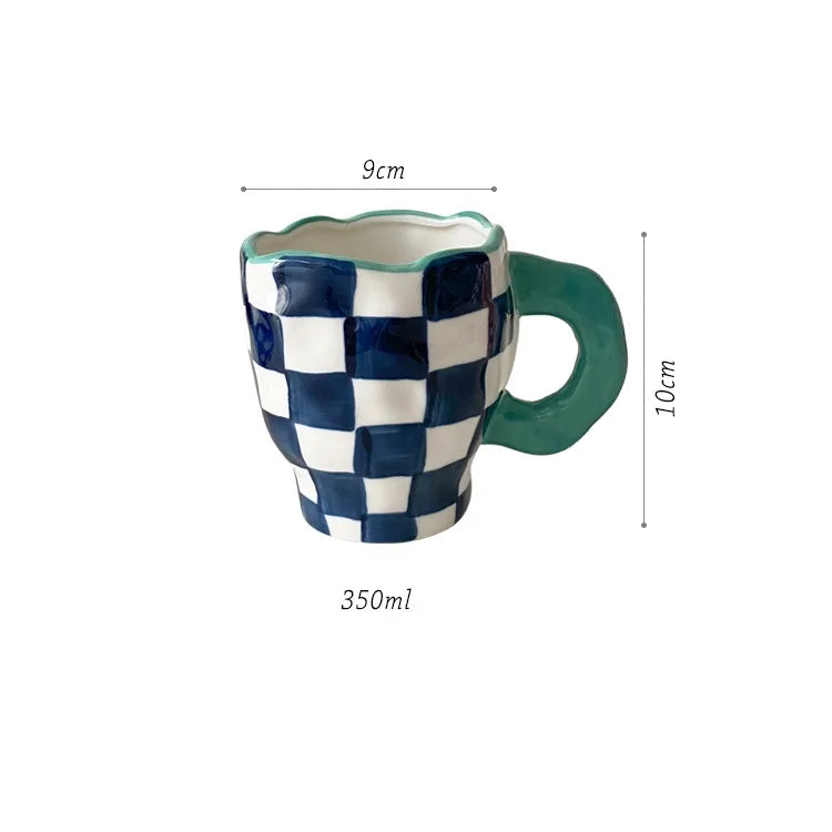 Handmade Coffee Cup Ceramic Irregular Checkerboard Design