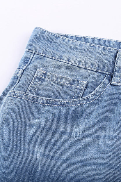 close up view sky blue denim shorts side
