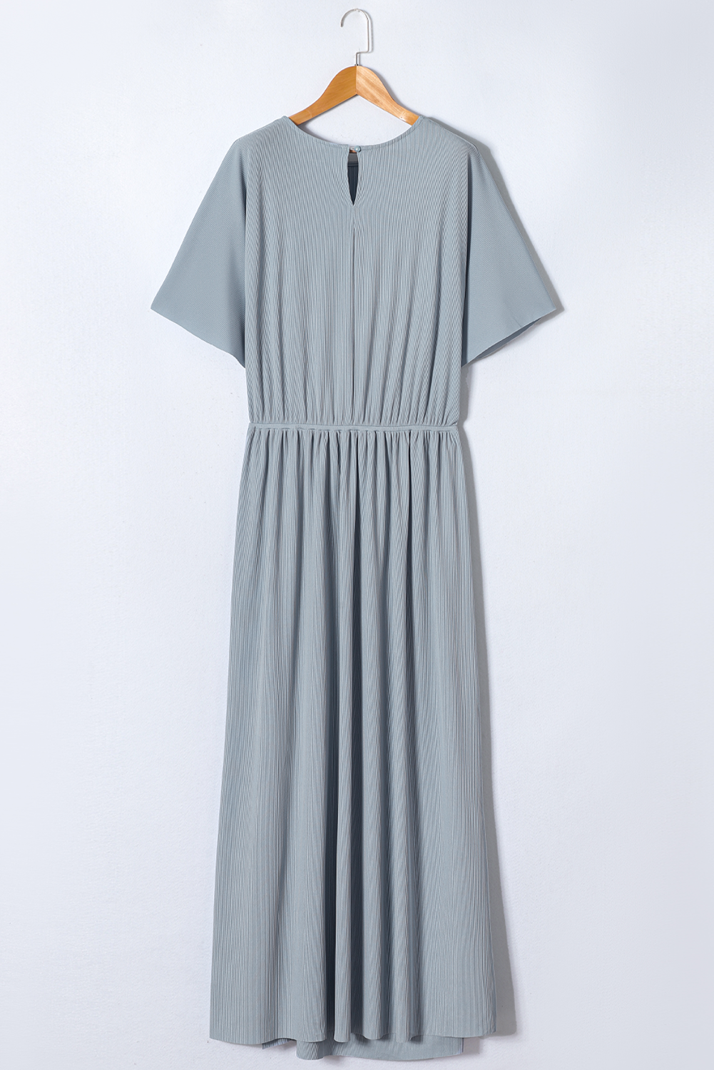 Sky Blue Plus Size Short Sleeves Rib Knit Maxi Dress with Slit