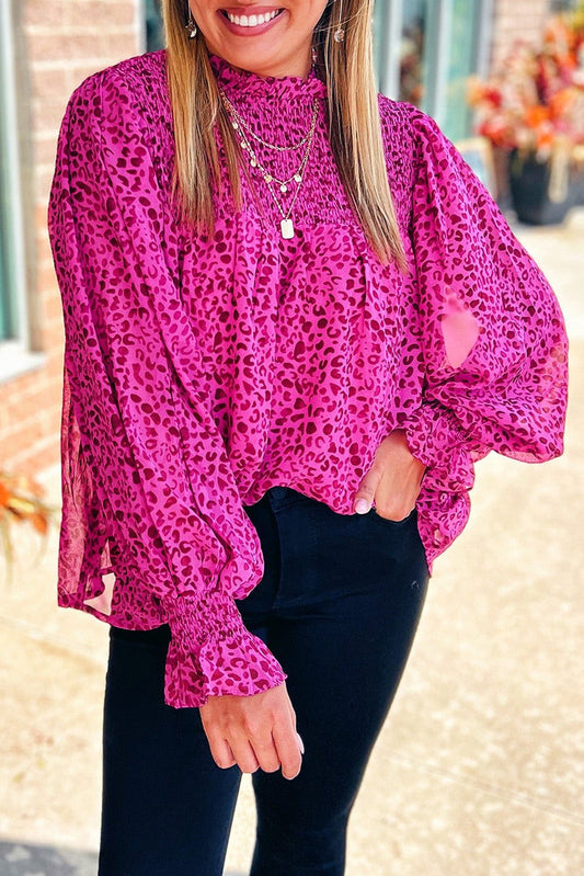 Leopard Print Blouse – Rose Puff Sleeve Shirred Top for Women Leopard Print Blouse – Rose Puff Sleeve Shirred Top for Women