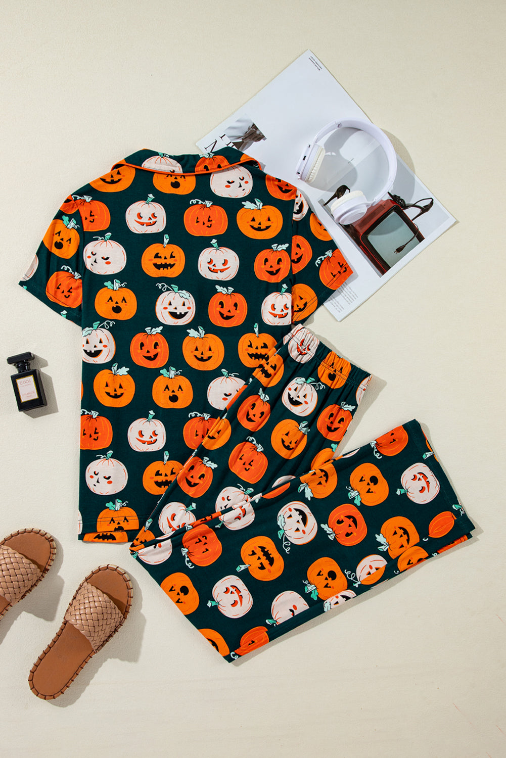 Black Halloween Pattern Short Sleeve Shirt Pajama Set