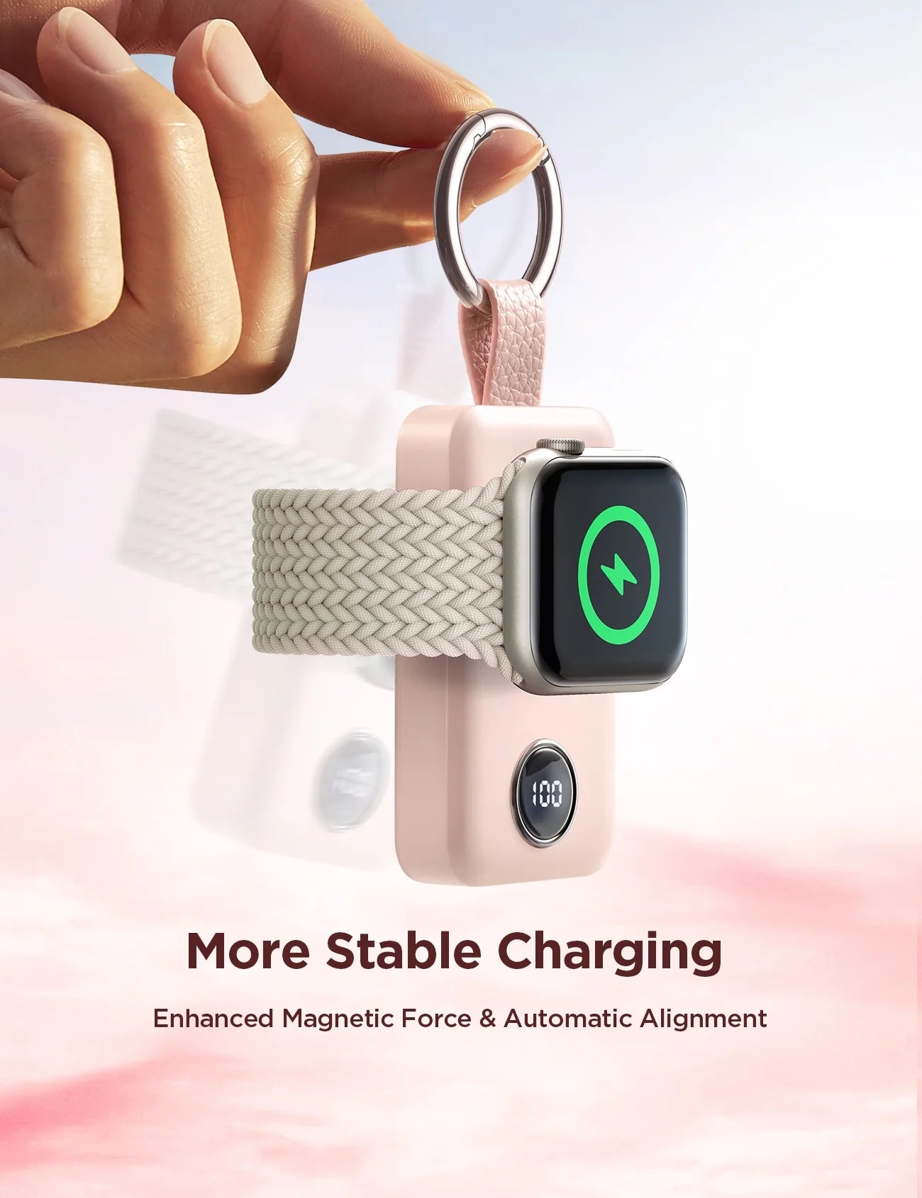 Portable Charger for Apple Watch, 2000Mah Magnetic Wireless Power Bank Fast Charger Keychain, Compatible for Iwatch Series 9/8/7/6/5/Se/4/3/2/Ultra 2, Pink