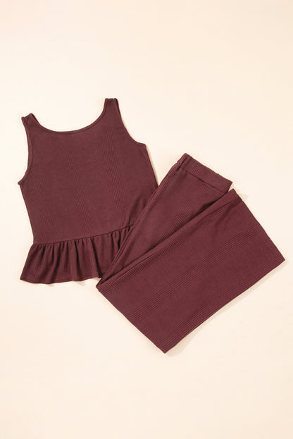 Ensemble débardeur et pantalon côtelés à volants de couleur unie Red Dahlia