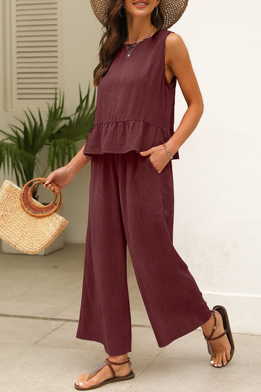 Ensemble débardeur et pantalon côtelés à volants de couleur unie Red Dahlia