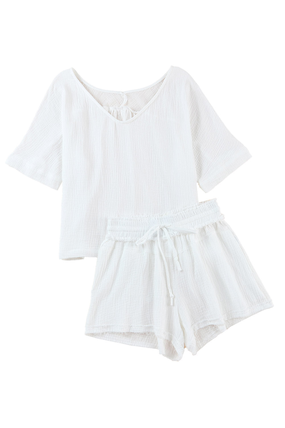 White Relaxed V Neck Blouse and Drawstring Raw Hem Shorts Set