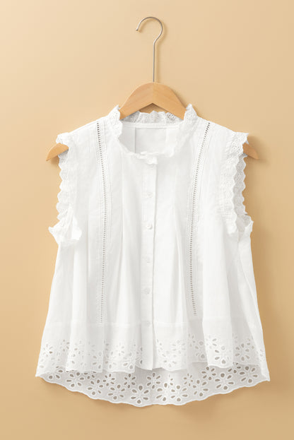 Chemise blanche sans manches en dentelle crochetée | Haut chic d'été