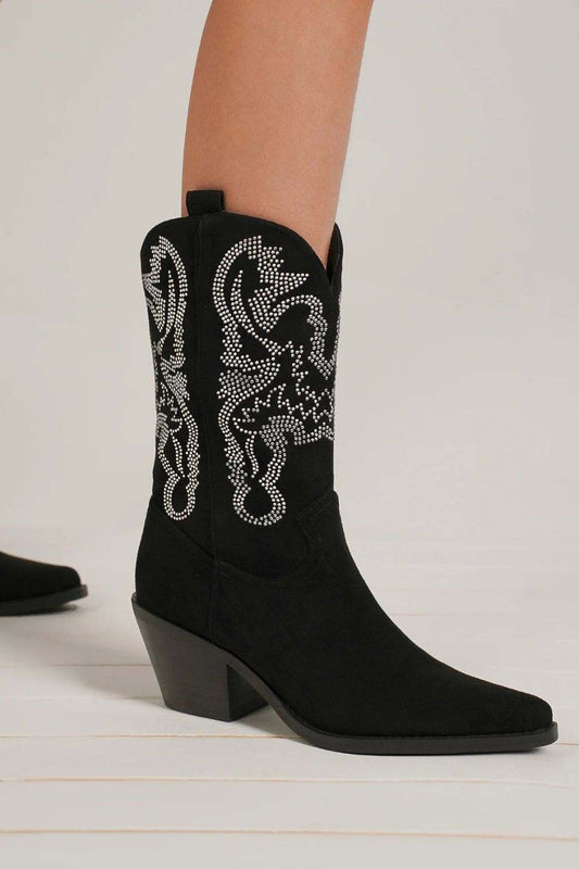 Beast Fashion Rhinestone Detail Upper with Pointy Toe Boots Mid Calf 