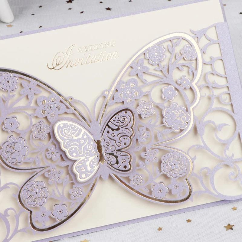 100Pcs Butterfly Laser Cut Wedding Invitation Cards Hollow Flora Greeting Cards Customized Wedding Decoration Party Supplies