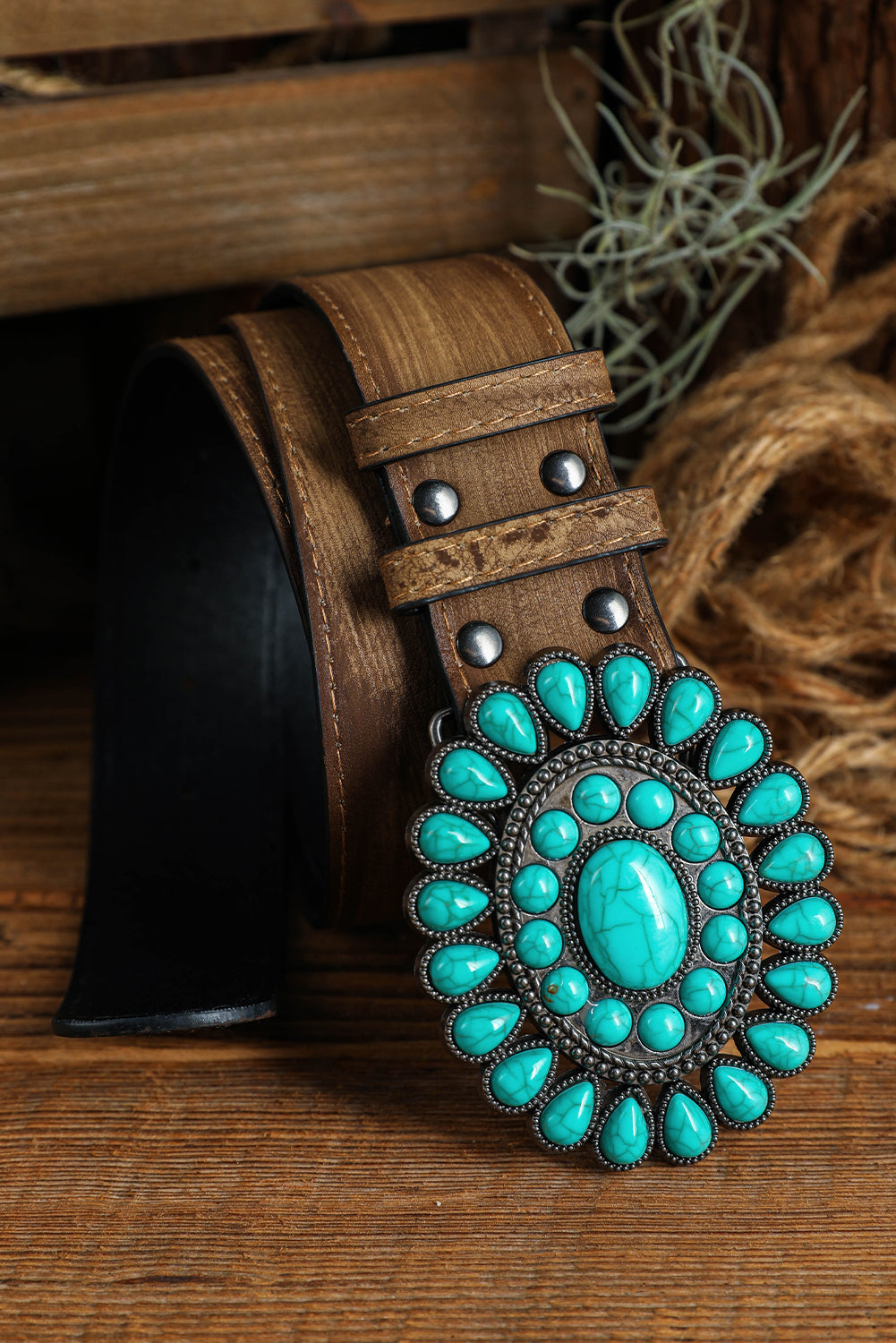 Ceinture large rétro bleu clair avec décor turquoise occidental 