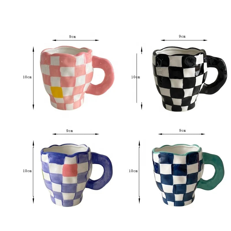 Handmade Coffee Cup Ceramic Irregular Checkerboard Design