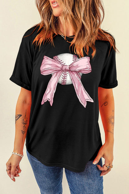 Black Baseball Bow Knot Print Round Neck