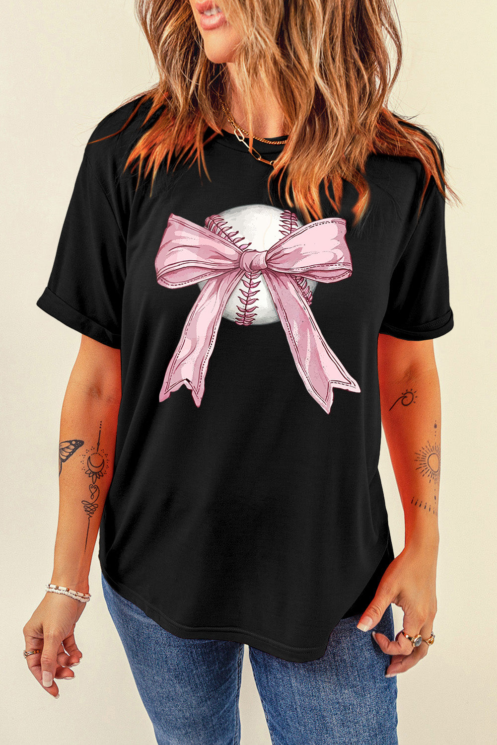 Black Baseball Bow Knot Print Round Neck T Shirt