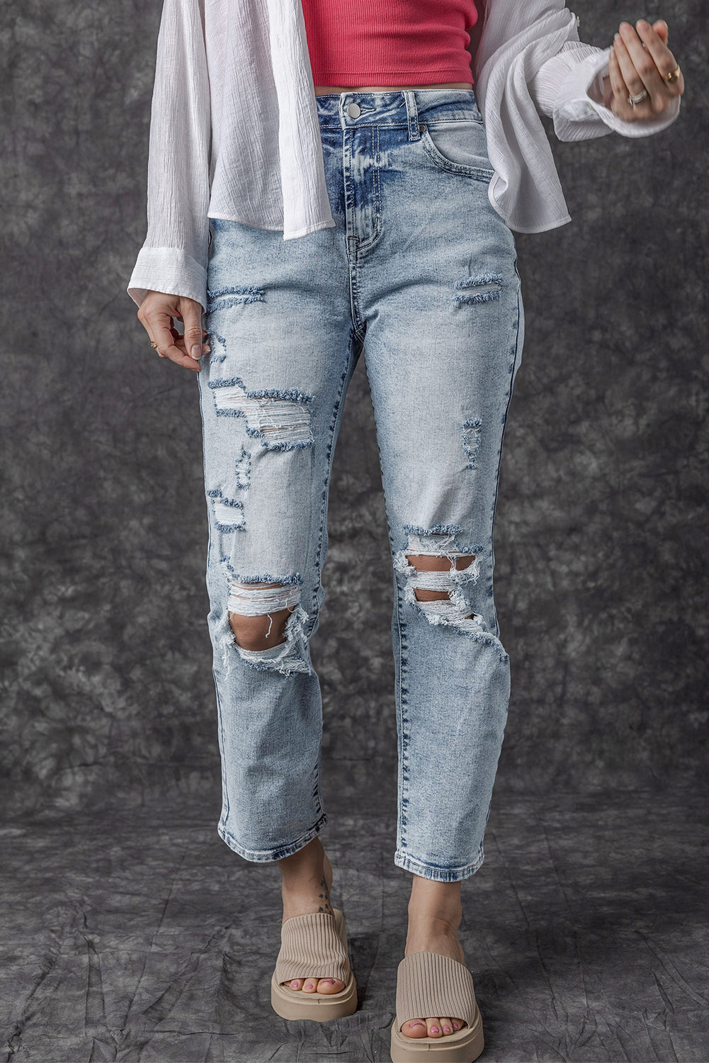 Jean slim taille haute bleu marine délavé à franges