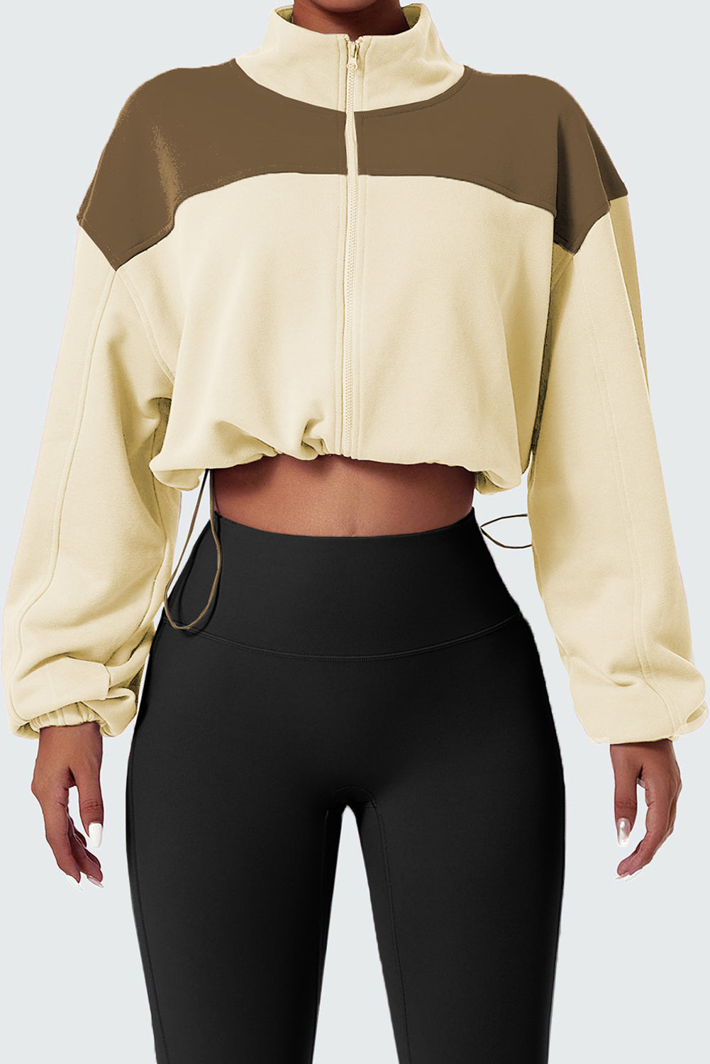 Beige Color Block Drawstring Cropped Athleisure Jacket