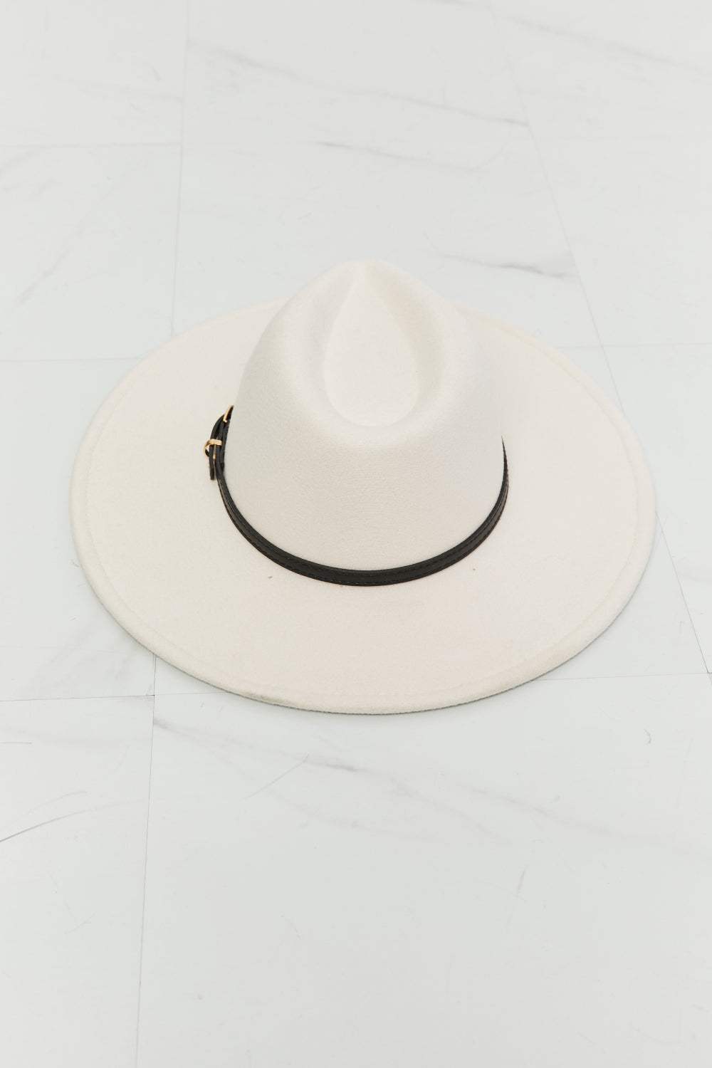 Classic women's fedora hat with wide brim and gold buckle