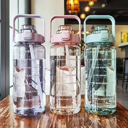 2L Portable Water Bottle Large Capacity Plastic Straw Water Cup Drink Bottle with Time Marker for Outdoor Sports Fitness