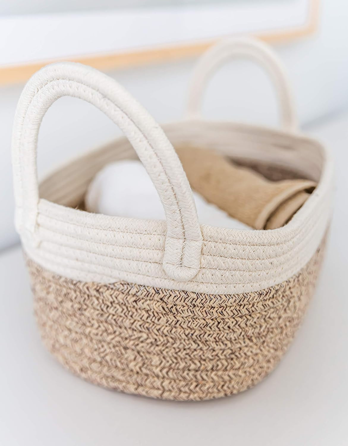 Brown Small Woven Baskets for Nursery Storage - Toy Basket Organizer - Baby Changing Basket - Storage Baskets for Shelves - Set of 3 Cotton Rope Baskets with Handles - round Towel Baskets