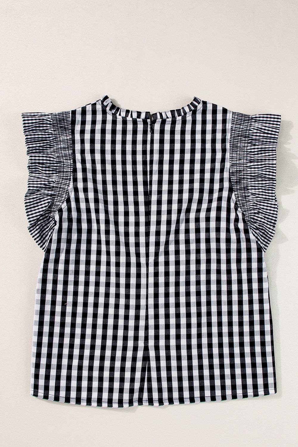 Checkered Ruffled Sleeve Flat Back Black 