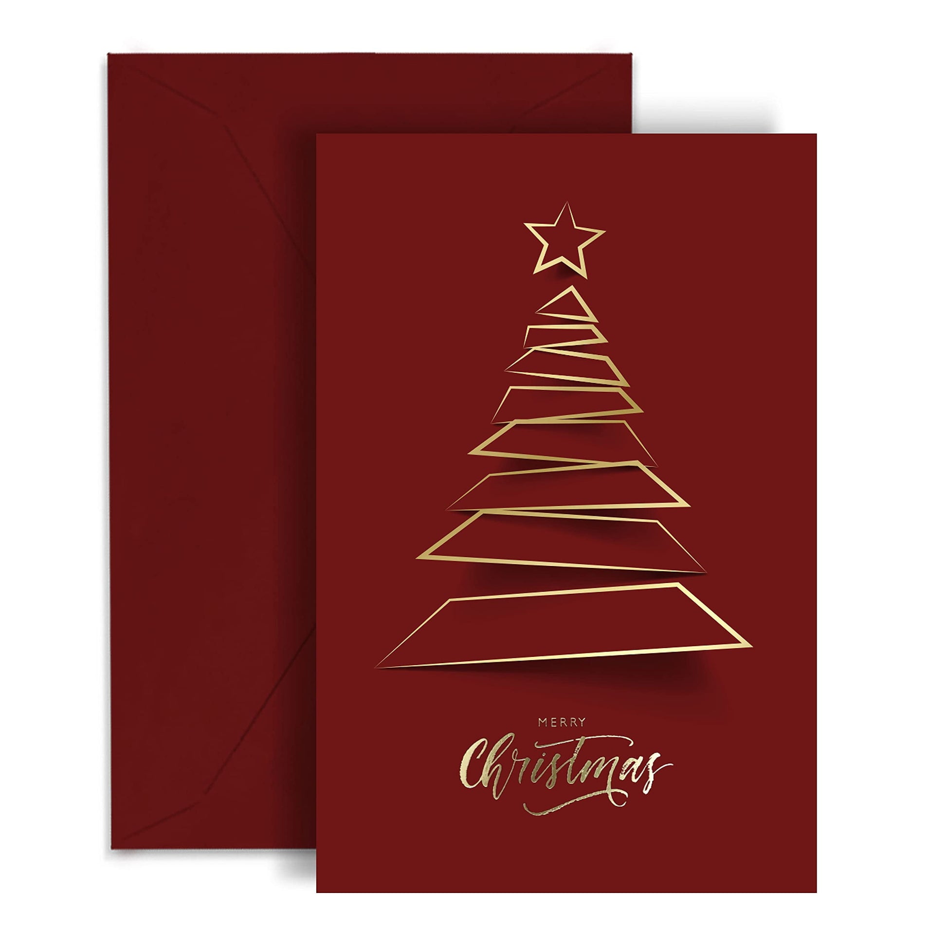 Christmas Greeting Cards with Gold Foiling Xmas Tree | 20 Cards - Dark Red Self Paper with Red Envelope | 6.75 X 4.5 Inch Merry Christmas Cards with Seal Stickers for Friends , Family and Loved Ones…