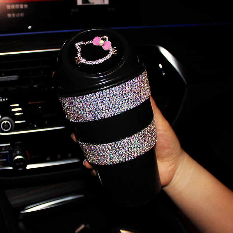 Cute Cartoon Diamond Car Trash Can  Bling  for Car Press-Top Waste Storage