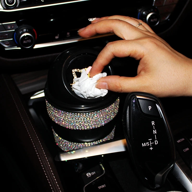 Cute Cartoon Diamond Car Trash Can  Bling  for Car Press-Top Waste Storage