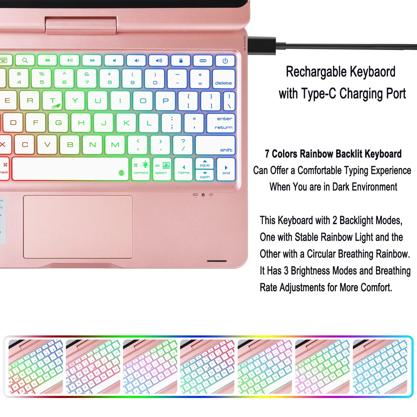 Rotatable Backlit Keyboard for iPad Touchpad Multi-color Rainbow Light Keypad Stand Case