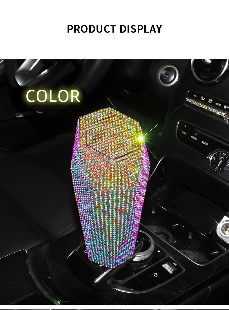 Bling Diamond Car Trash Can with Lid Portable Vehicle Garbage Can Bin Leakproof Auto Accessories for Car Office Home Bedroom